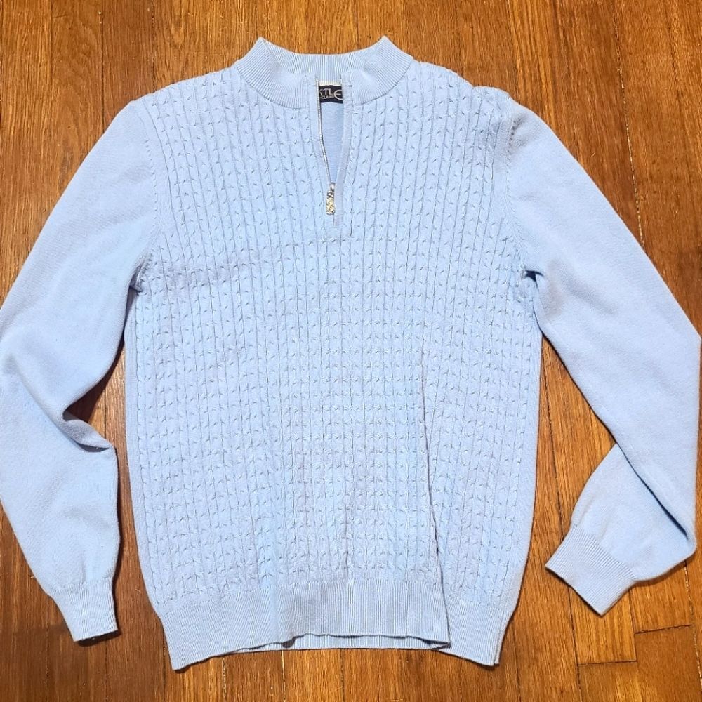 Castle of Ireland Zip front sweater. Baby blue. SZ 12